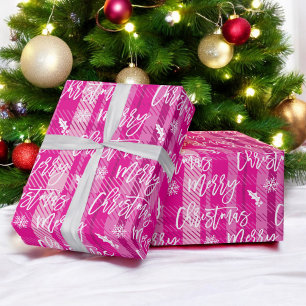 Merry Christmas snowflake mistletoe pink plaid Wrapping Paper