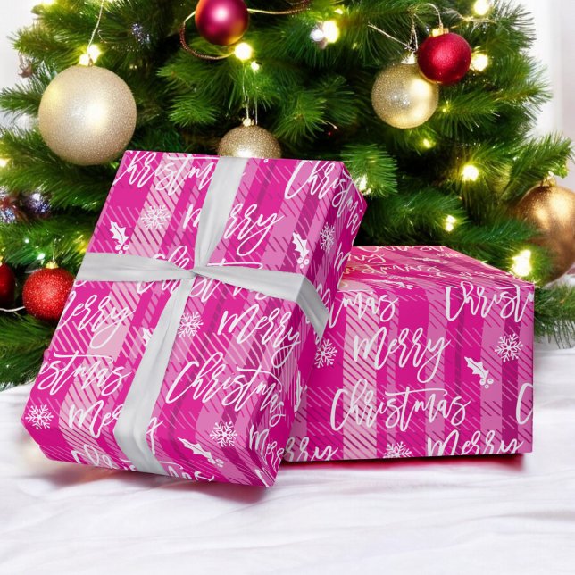 Merry Christmas snowflake mistletoe pink plaid Wrapping Paper (Merry Christmas snowflake mistletoe pink plaid Wrapping Paper)