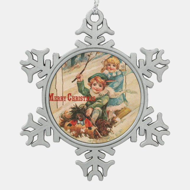 Merry Christmas Snowflake Pewter Christmas Ornament (Front)