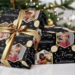 Merry Christmas Snowflake Photo Black Gold Wrapping Paper<br><div class="desc">Make your Christmas gifts extra special with this stylish photo wrapping paper. An editable template personalised with the year date and four photographs of your family, friends or pets! This seamless hexagon pattern features script lettering, snowflakes and stars in an elegant colour palette of black, white and faux gold. Custom...</div>