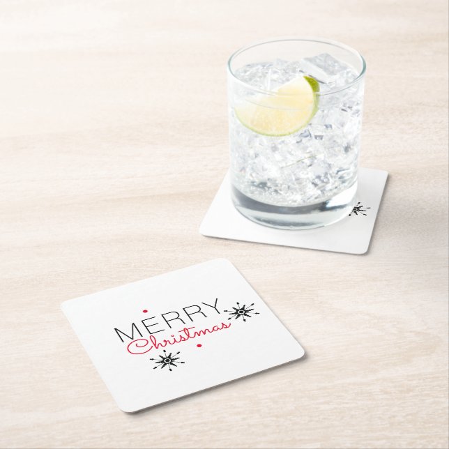 Merry Christmas Snowflake Red and Black  Square Paper Coaster (Insitu)