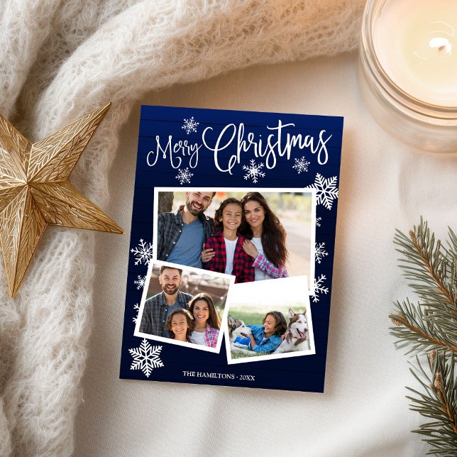 Merry Christmas Snowflake Rustic 3 Photos Collage Postcard (Creator Uploaded)