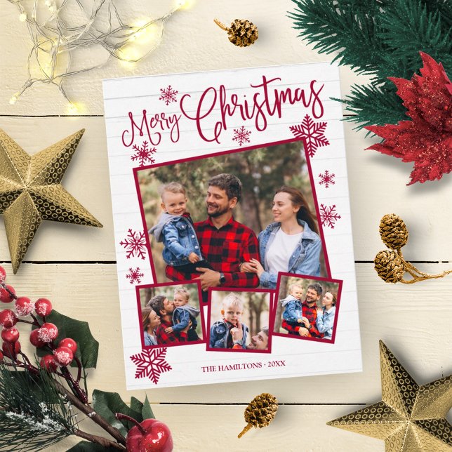 Merry Christmas Snowflake Rustic 4 Photos Postcard (Creator Uploaded)