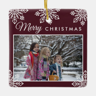 Merry Christmas Snowflakes 2 Photo Burgundy Ceramic Ornament