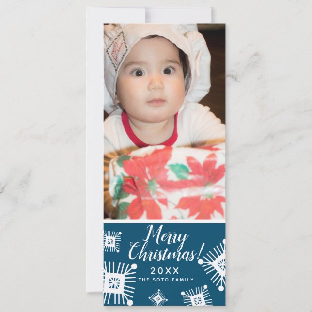Merry Christmas SnowFlakes Baby Photo Blue Holiday Card (Front)