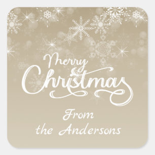 Merry Christmas Snowflakes Beige Greeting Holiday Square Sticker