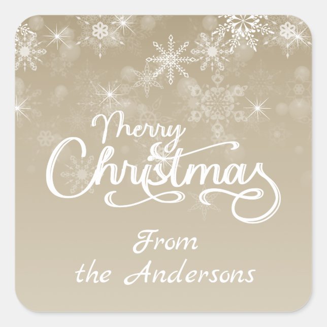 Merry Christmas Snowflakes Beige Greeting Holiday Square Sticker (Front)