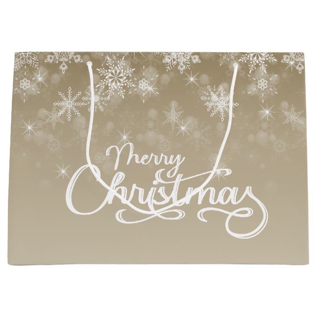 Merry Christmas Snowflakes Beige Holiday Large Gift Bag (Front)