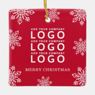 Merry Christmas Snowflakes Business Logo Red   Ceramic Ornament