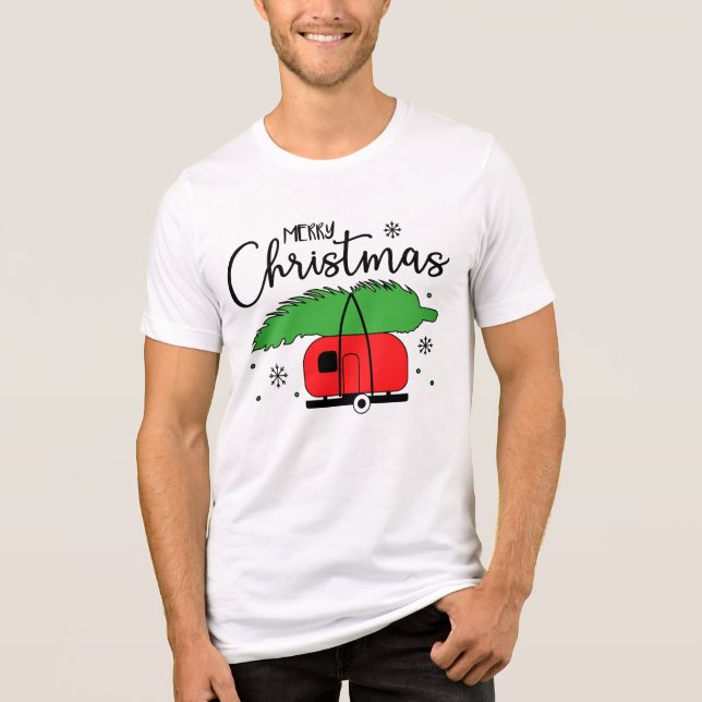 Merry Christmas Snowflakes Camper Christmas Tree Tri-Blend Shirt (Front)