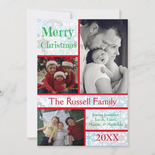 Merry Christmas Snowflakes Collage 3 Photos Holiday Card (Front)