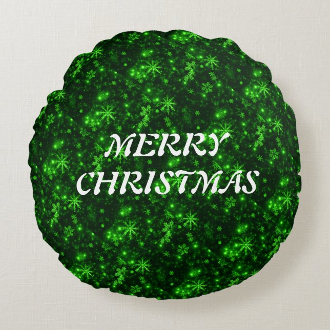 Merry Christmas Snowflakes Green Round Cushion (Front)