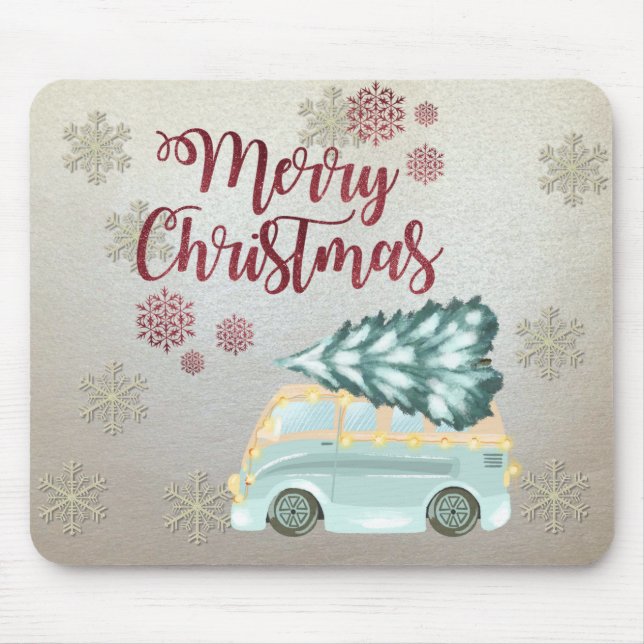 Merry Christmas,Snowflakes,Green Truck Pine Tree  Mouse Pad (Front)