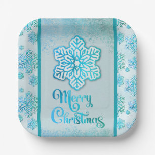 Merry Christmas Snowflakes Iridescent Blue Paper Plate