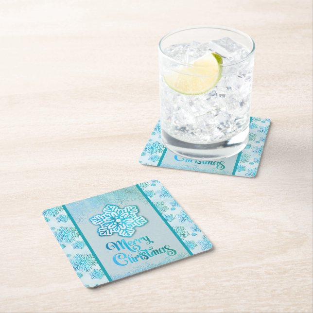 Merry Christmas Snowflakes Iridescent Blue  Square Paper Coaster (Insitu)