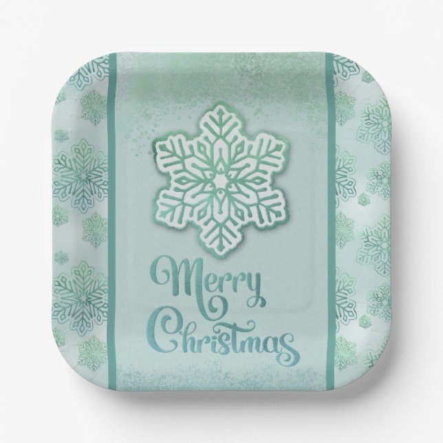 Merry Christmas Snowflakes Iridescent Green  Paper Plate (Front)