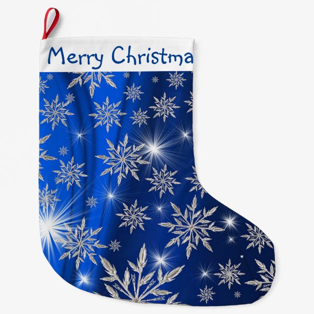 Merry Christmas Snowflakes Large Christmas Stocking (Front)