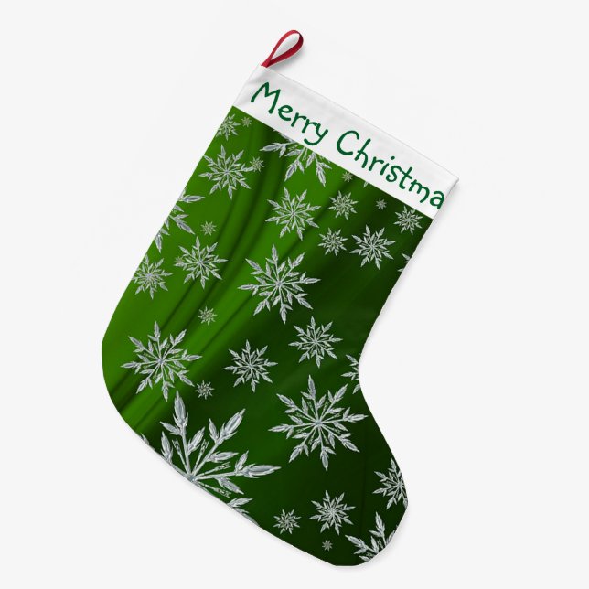 Merry Christmas Snowflakes Large Christmas Stocking (Front (Hanging))
