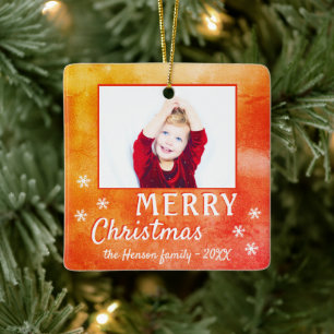 Merry Christmas Snowflakes Metallic Family Photo Ceramic Ornament