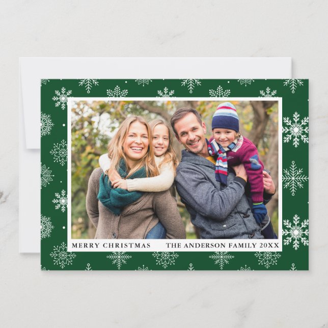 Merry Christmas Snowflakes Photo Green Holiday Card (Front)