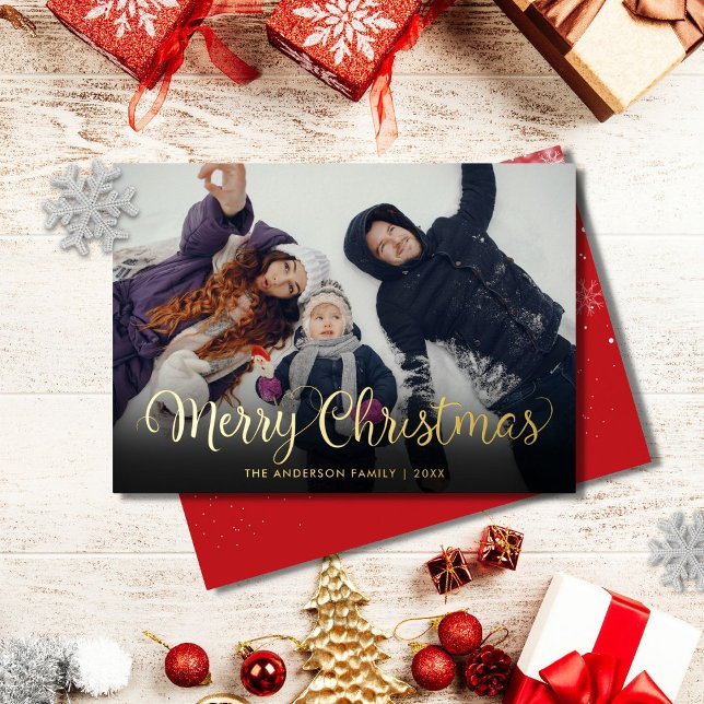 Merry Christmas Snowflakes Photo Script Gold Foil Holiday Card (Creator Uploaded)