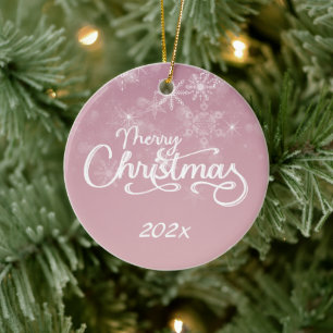 Merry Christmas Snowflakes Pink Greeting Holiday Ceramic Ornament