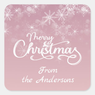 Merry Christmas Snowflakes Pink Greeting Holiday Square Sticker
