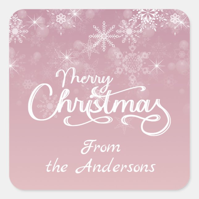 Merry Christmas Snowflakes Pink Greeting Holiday Square Sticker (Front)