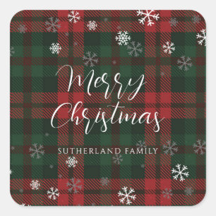 Merry Christmas Snowflakes Plaid Script Custom Square Sticker