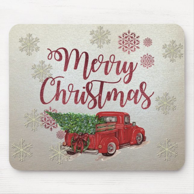 Merry Christmas,Snowflakes,Red Truck Pine Tree Mouse Pad (Front)