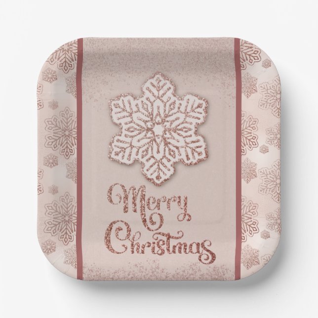 Merry Christmas Snowflakes Rose Gold Glitter Pink Paper Plate (Front)