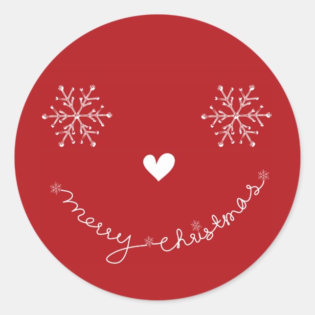 Merry Christmas Snowflakes Smiley Face Red Holiday Classic Round Sticker (Front)