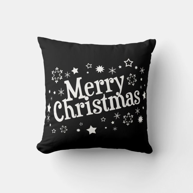 Merry Christmas Snowflakes Stars Black Cushion (Front)