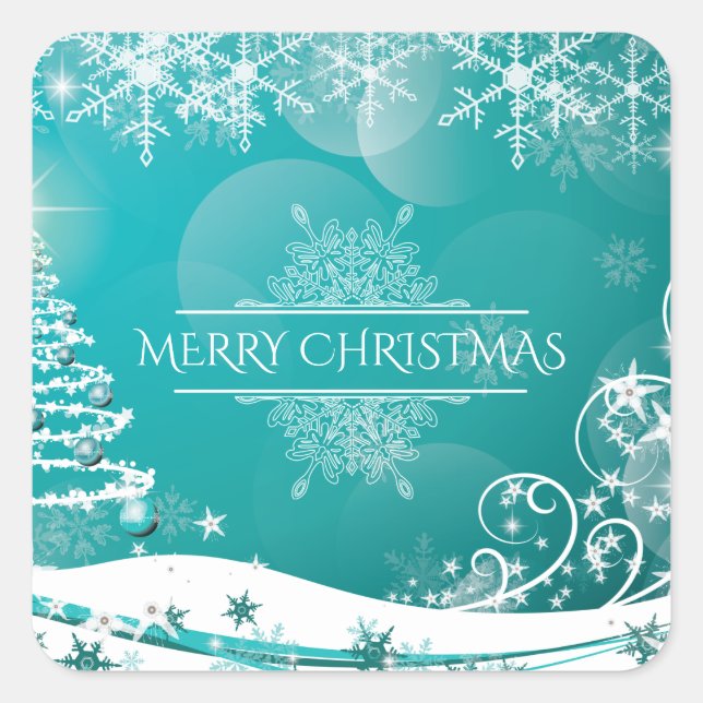 Merry Christmas Snowflakes Tree Flowers & Stars Square Sticker (Front)
