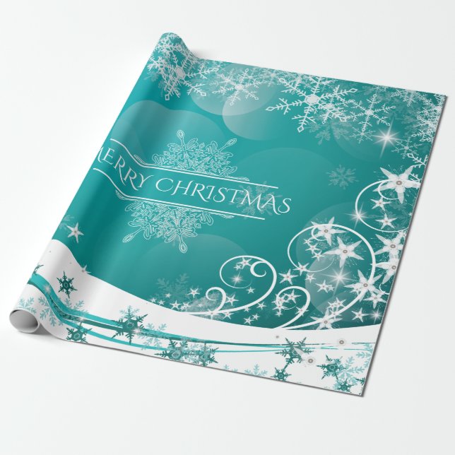 Merry Christmas Snowflakes Tree Flowers & Stars  Wrapping Paper (Unrolled)