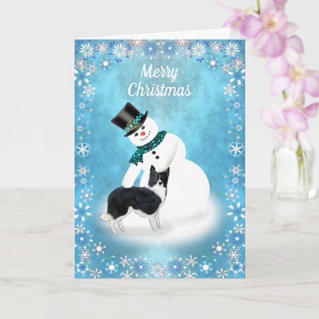 Merry Christmas Snowman and Border Collie Dog Card (Orchid)