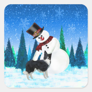 Merry Christmas Snowman and Border Collie Square Sticker
