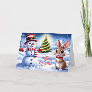 Merry Christmas Snowman and Bunny Holiday Card