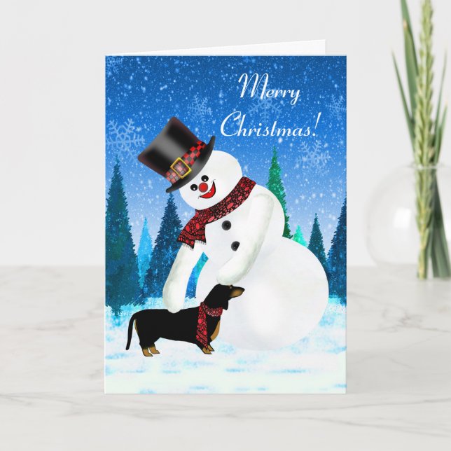 Merry Christmas Snowman and Dachshund Card (Front)
