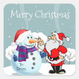 Merry Christmas Snowman and Santa Square Sticker