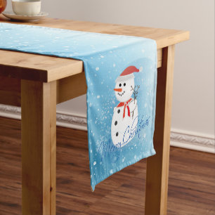 Merry Christmas Snowman and  Snowflakes Long Table Runner