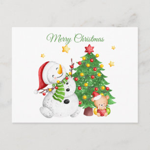 Merry Christmas Snowman and Teddy Bear  Holiday Postcard