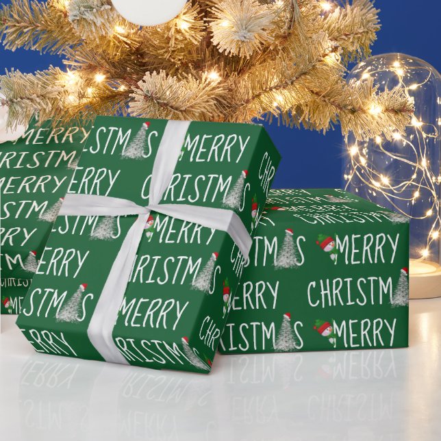 Merry Christmas Snowman and Tree in Snowflakes  Wrapping Paper (Holidays)