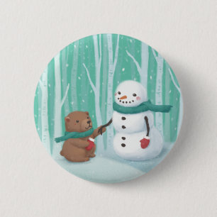 Merry Christmas: Snowman & Bear Illustration Art 6 Cm Round Badge