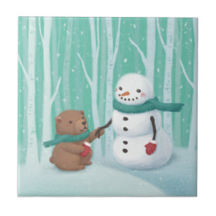 Merry Christmas: Snowman & Bear Illustration Art Ceramic Tile