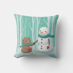 Merry Christmas: Snowman & Bear Illustration Art Cushion