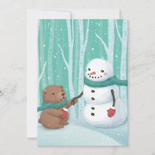 Merry Christmas: Snowman & Bear Illustration Art Invitation