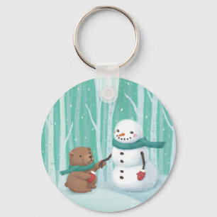 Merry Christmas: Snowman & Bear Illustration Art Key Ring