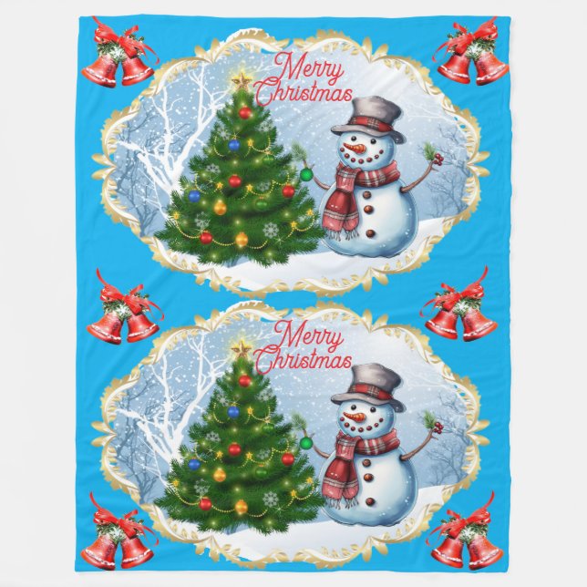 Merry Christmas Snowman Bells Cute Fleece Blanket (Front)