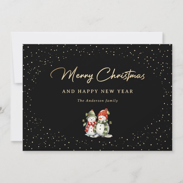 Merry Christmas Snowman Black Gold Snowy Holiday Card (Front)